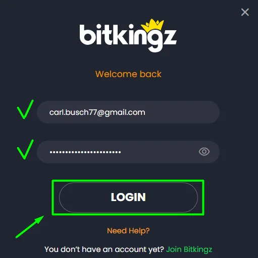 BitKingz Casino login form